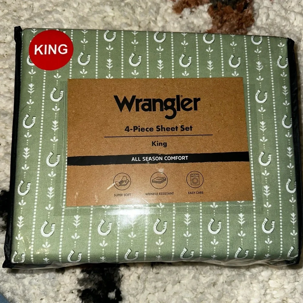 Wrangler Olive Horseshoe 4-Piece Sheet Set Sz KING STABLES STRIPE GREEN